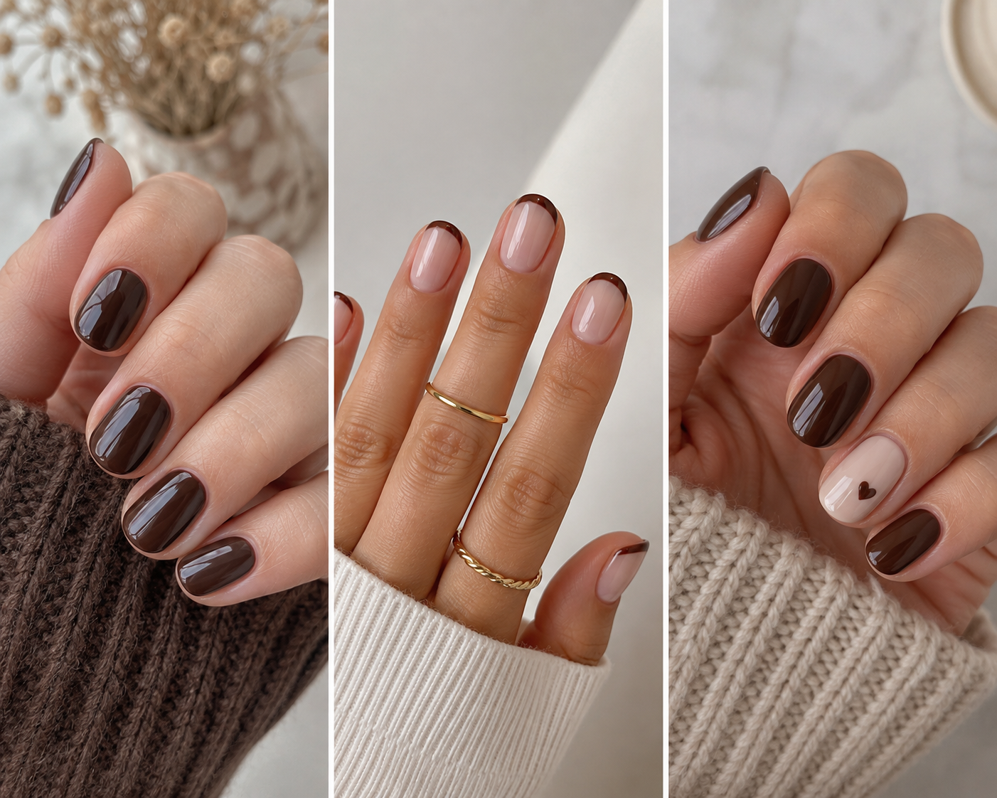 Three hands showing different back to school nail designs: solid brown varnish, nude nails with brown tips, and brown varnish with a small heart accent on a nude base.