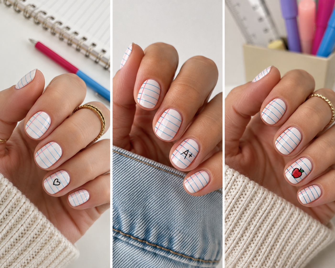 Three close-up images of hands with white nail art resembling notebook paper; these back to school nail designs feature blue and red lines, with added details like a heart, “A+”, and a red apple.