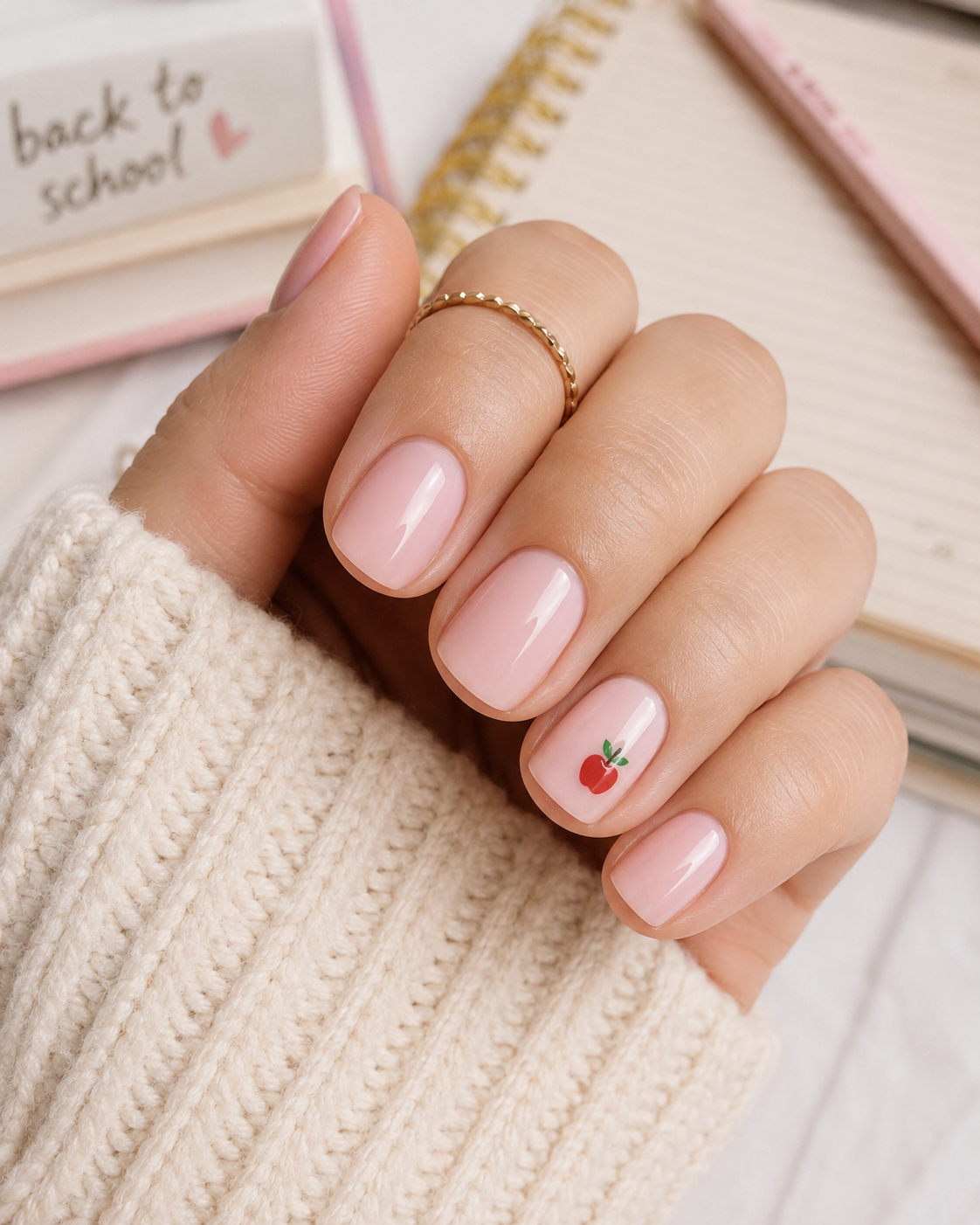 A hand with neatly manicured nails, featuring a small red apple design on one nail, rests on a knitted jumper—a charming nod to back to school nail designs. Notebooks and a pencil are in the background.