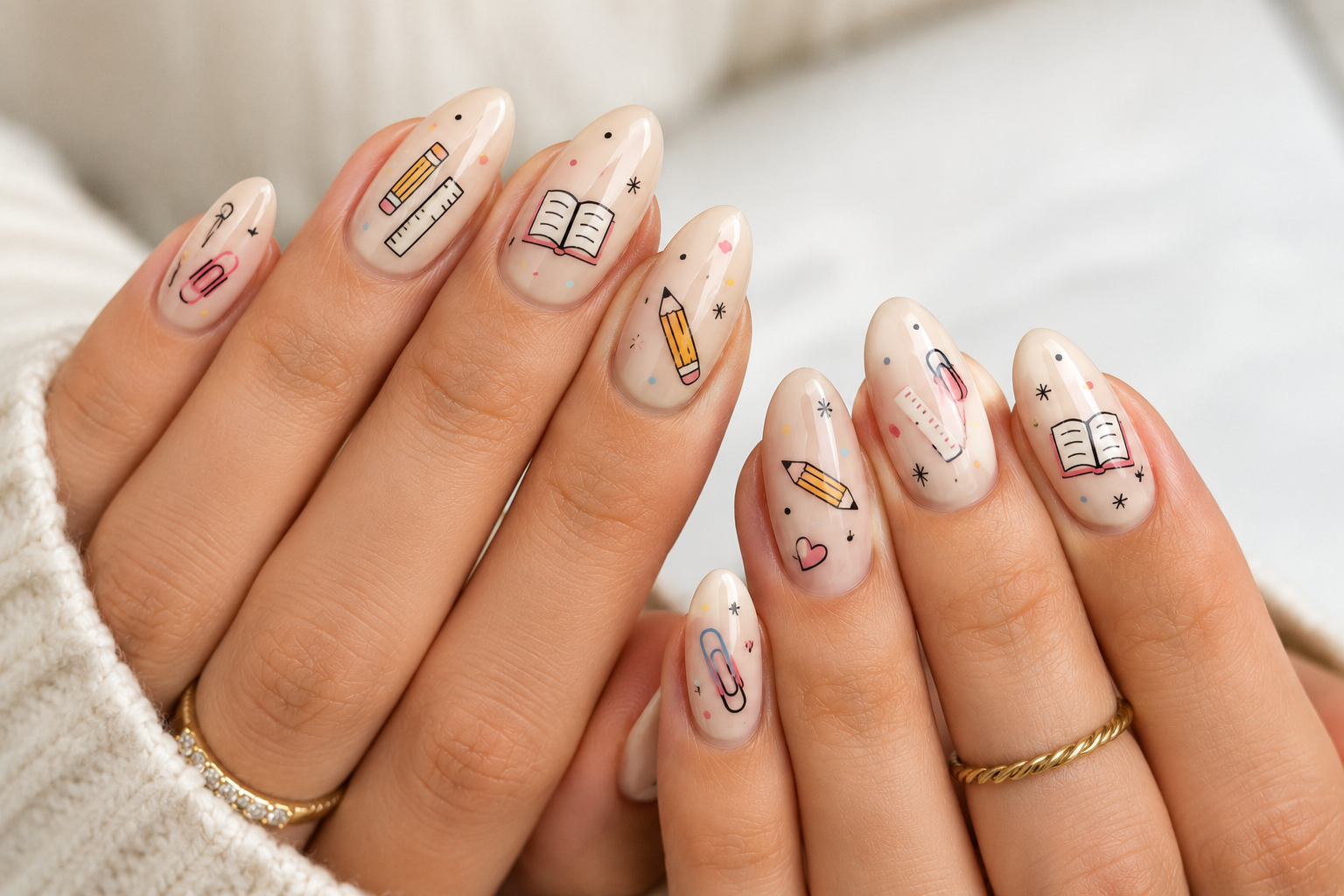 Close-up of hands with nude manicured nails featuring back to school nail designs, including small illustrations of books, pencils, hearts, paperclips, and stars.