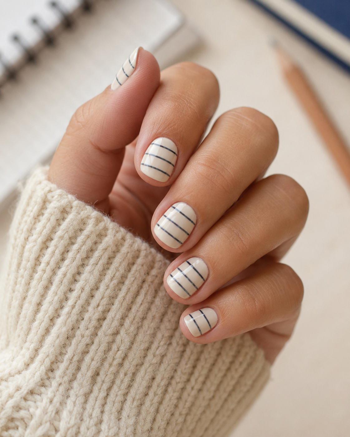 A hand with short nails painted white, each featuring evenly spaced black horizontal stripes, is shown against a blurred background with a jumper sleeve visible—perfect inspiration for chic and simple back to school nail designs.