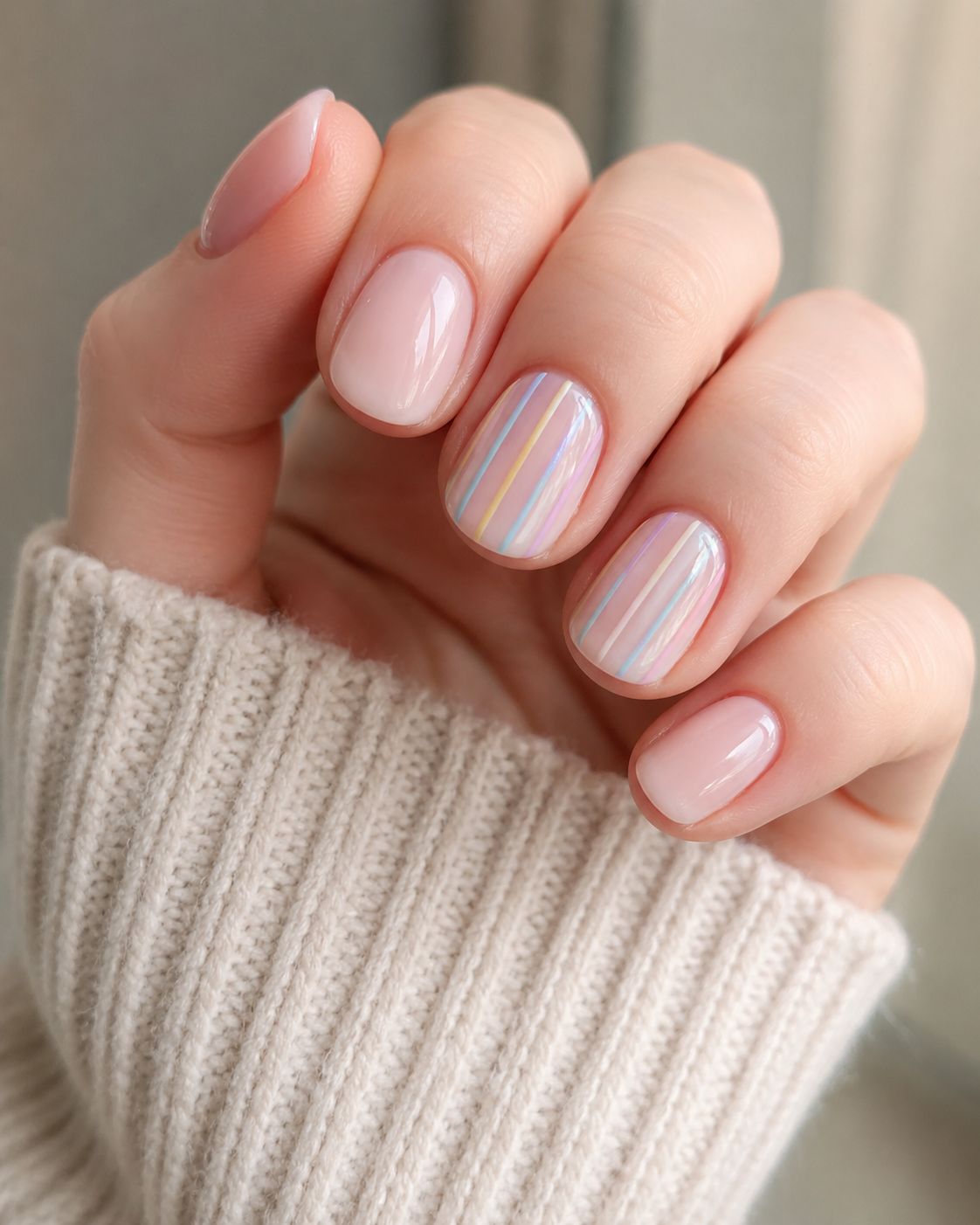 A hand with short, rounded nails painted light pink, featuring pastel rainbow stripes on two accent nails—perfect for back to school nail designs—shown against a background of a light-coloured ribbed jumper.