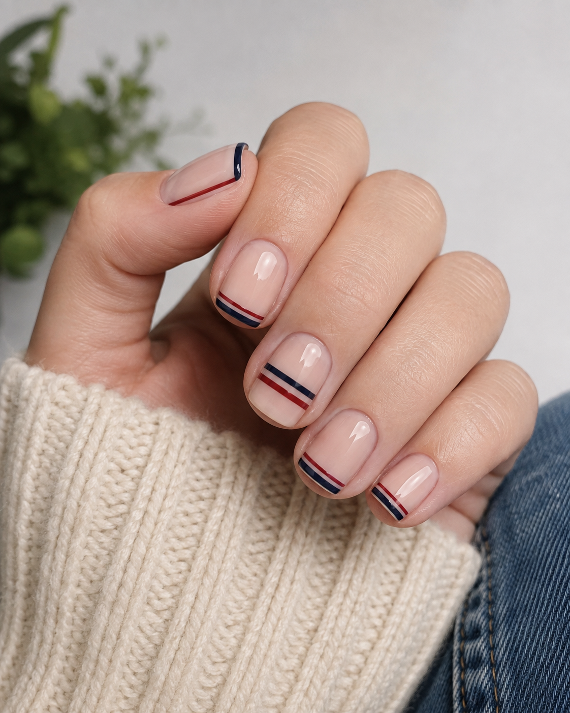 A hand with short, oval nails painted with a clear base and decorated with thin navy and red lines near the tips—perfect for back to school nail designs. The person is wearing a cream jumper.