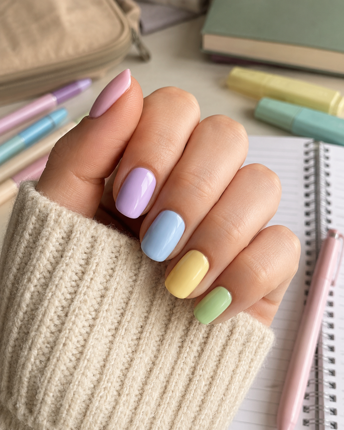 A hand with pastel-coloured nails—pink, purple, blue, yellow, and green—rests on a lined notebook, surrounded by pastel pens and books; the perfect inspiration for back to school nail designs.