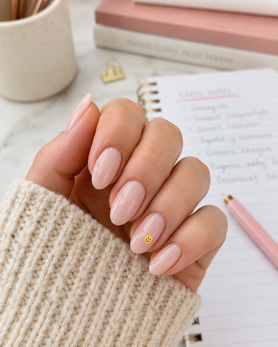 A hand with glossy nude pink manicure and a small yellow smiley face sticker on one nail, showcasing fun back to school nail designs, holds a pen above a notebook with handwritten notes.
