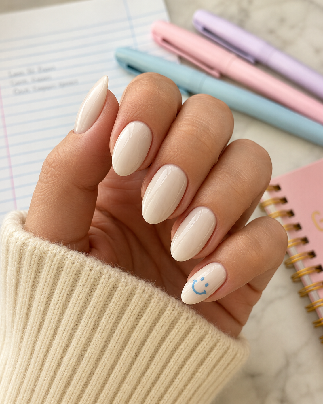 A hand with almond-shaped, off-white nails; the ring finger has a small blue smiley face, perfect for back to school nail designs. Pens, a notebook, and lined paper are in the background.