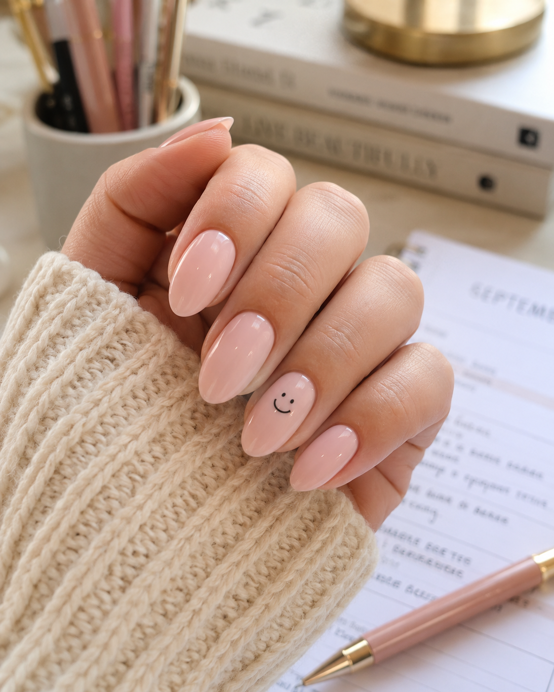 A hand with pale pink manicured nails, one featuring a small smiley face, holds a pen above a diary—an effortlessly cute example of back to school nail designs. A jumper sleeve partially covers the hand.
