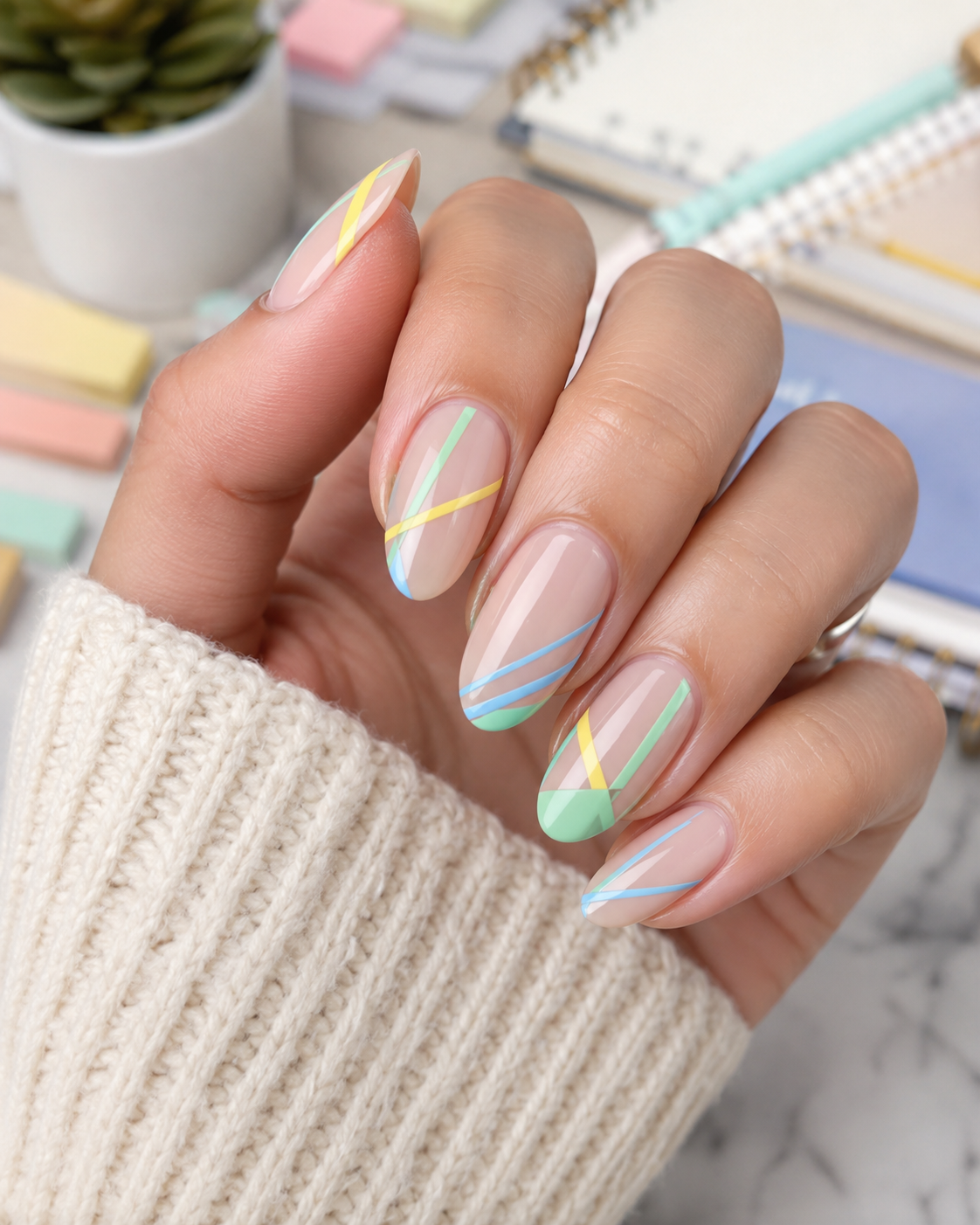 A hand with almond-shaped nails featuring pastel diagonal stripes in yellow, blue, and green, set against a workspace with notebooks and sticky notes—perfect inspiration for back to school nail designs.