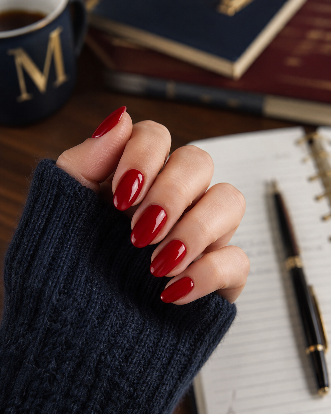 A hand with glossy red nail varnish, perfect for back to school nail designs, rests on a notebook with a pen nearby. A navy jumper sleeve covers part of the hand. A mug and books are in the background.