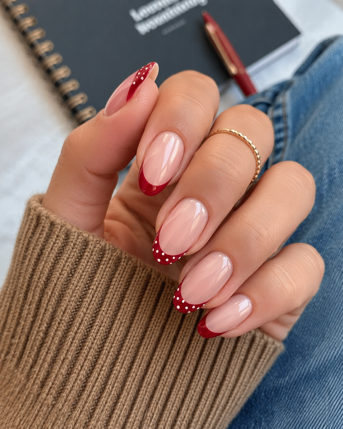A hand with long nails featuring red French tips—some adorned with playful white polka dots—rests against a notebook and pen, perfectly capturing the spirit of back to school nail designs. The person completes the look with a gold ring and a cosy brown jumper.
