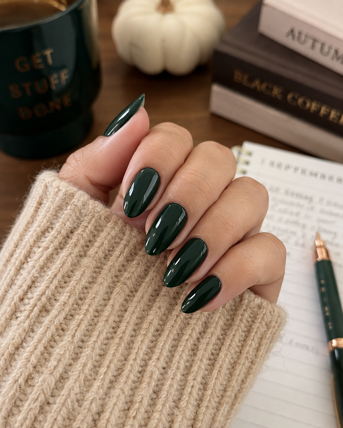 A hand with long, glossy dark green nails—perfect for back to school nail designs—rests on a jumper next to a pen, notebook, coffee mug, and a white pumpkin on a wooden table.