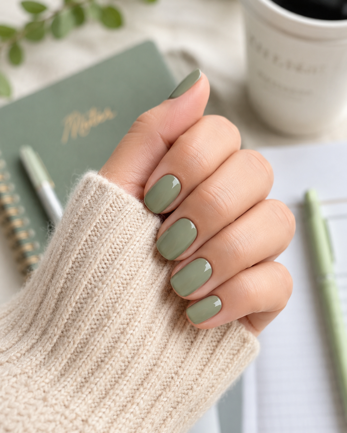 A hand with short, olive green painted nails—perfect for back to school nail designs—rests on a notebook, pen, and cup, wearing a beige knitted jumper.