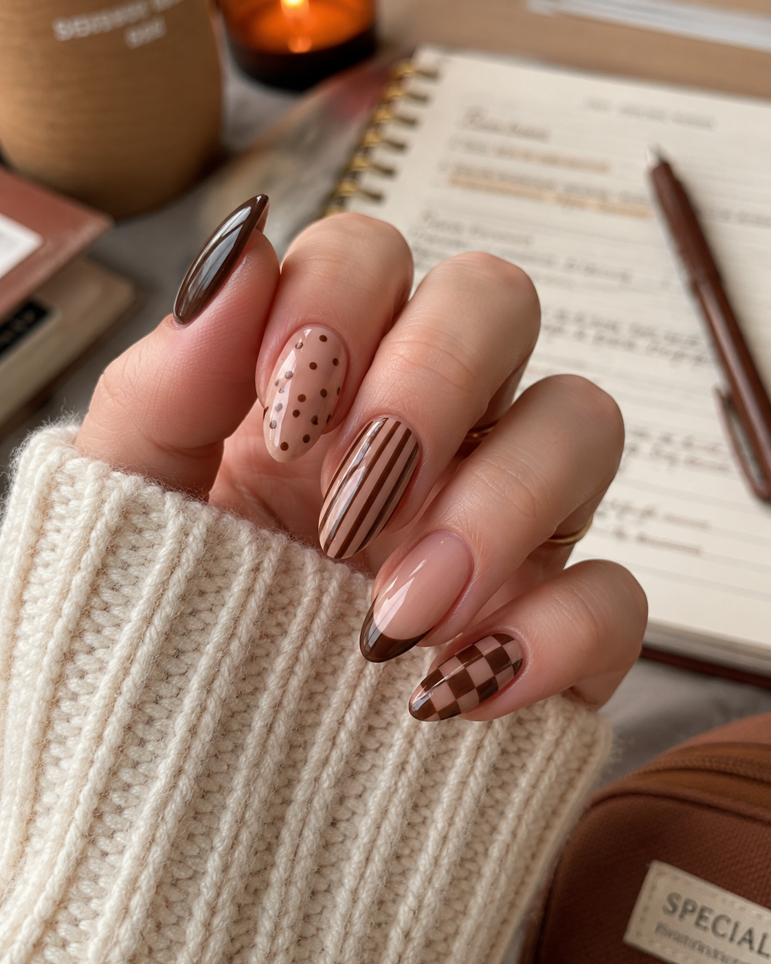 Hand with long almond-shaped nails painted in various brown and beige designs, including stripes, dots, and chequerboard patterns—perfect for chic back to school nail designs. A cream jumper sleeve is partially visible.