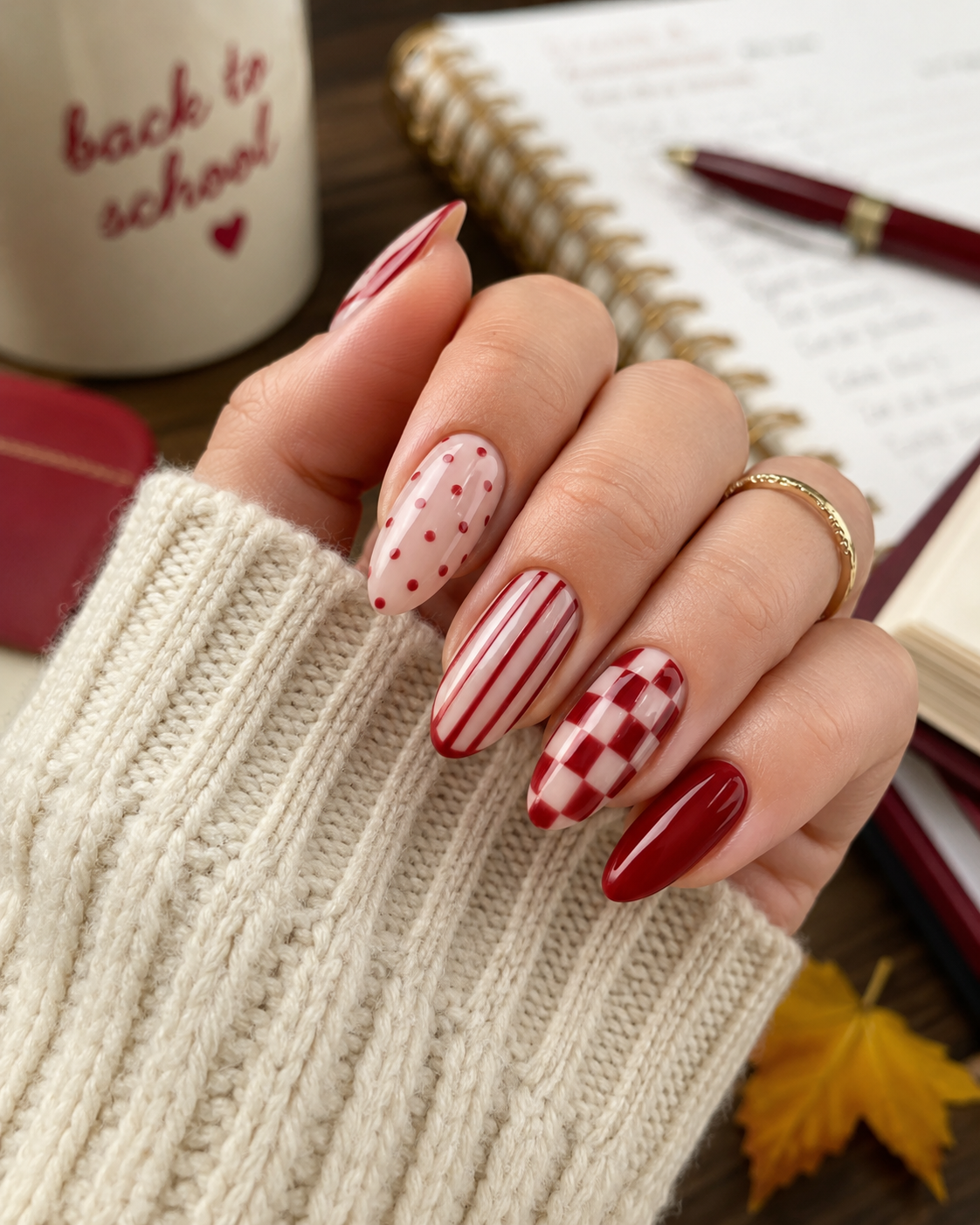 A hand with red and pink patterned nail art, inspired by trendy back to school nail designs, holds a notebook. A mug reading “back to school” and a pen are in the background.