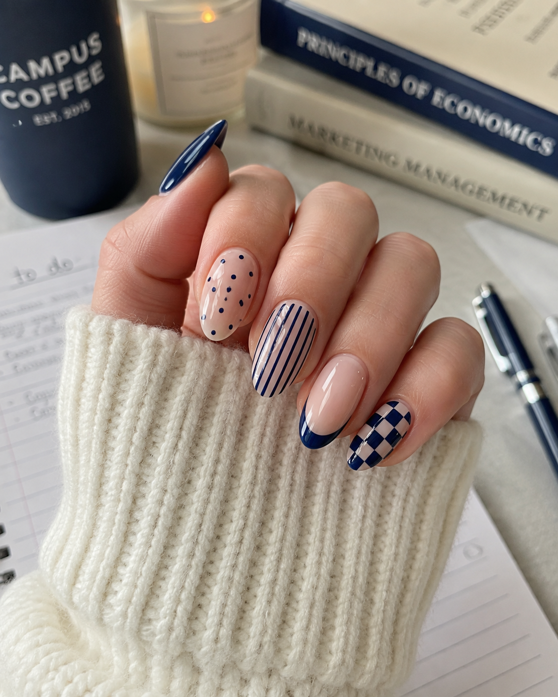 A hand with almond-shaped nails features navy and nude back to school nail designs, including polka dots, stripes, chequerboard, and French tips; books and a notepad sit in the background.