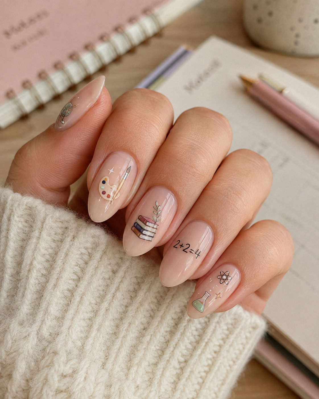 A hand with nude manicure featuring back to school nail designs, including educational-themed nail art such as books, a paint palette, mathematical equation, atom, and beaker, with a notebook and pencil in the background.