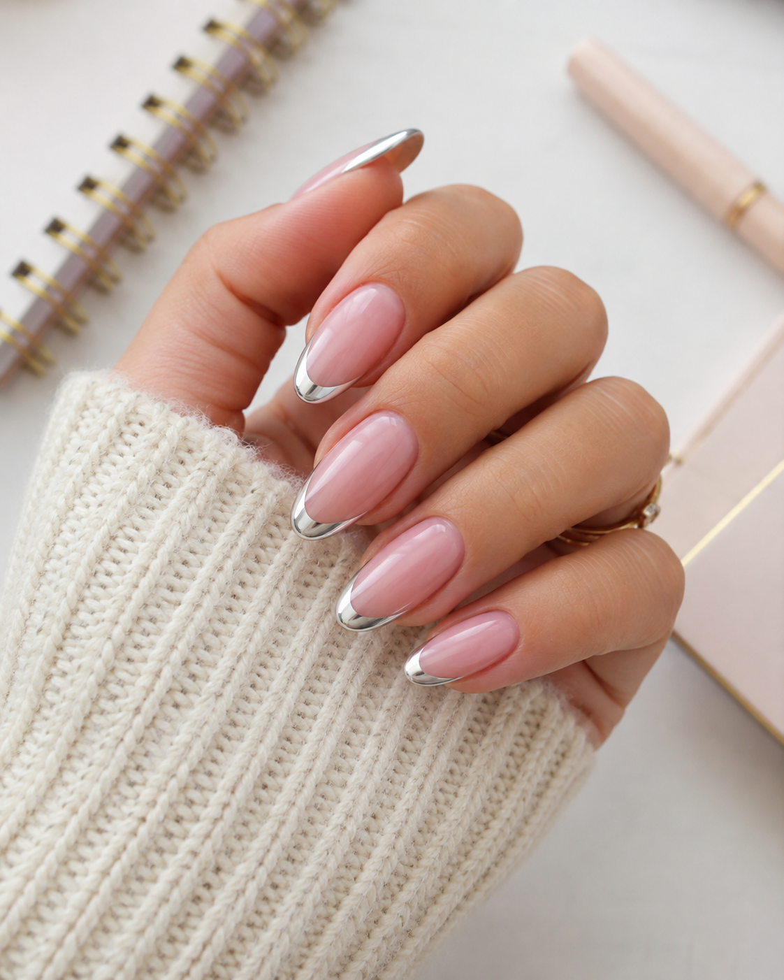 A hand with long, almond-shaped nails painted pink with thin silver tips, wearing a cream knitted jumper, rests near a spiral notebook and pen—perfect for inspiring back to school nail designs.