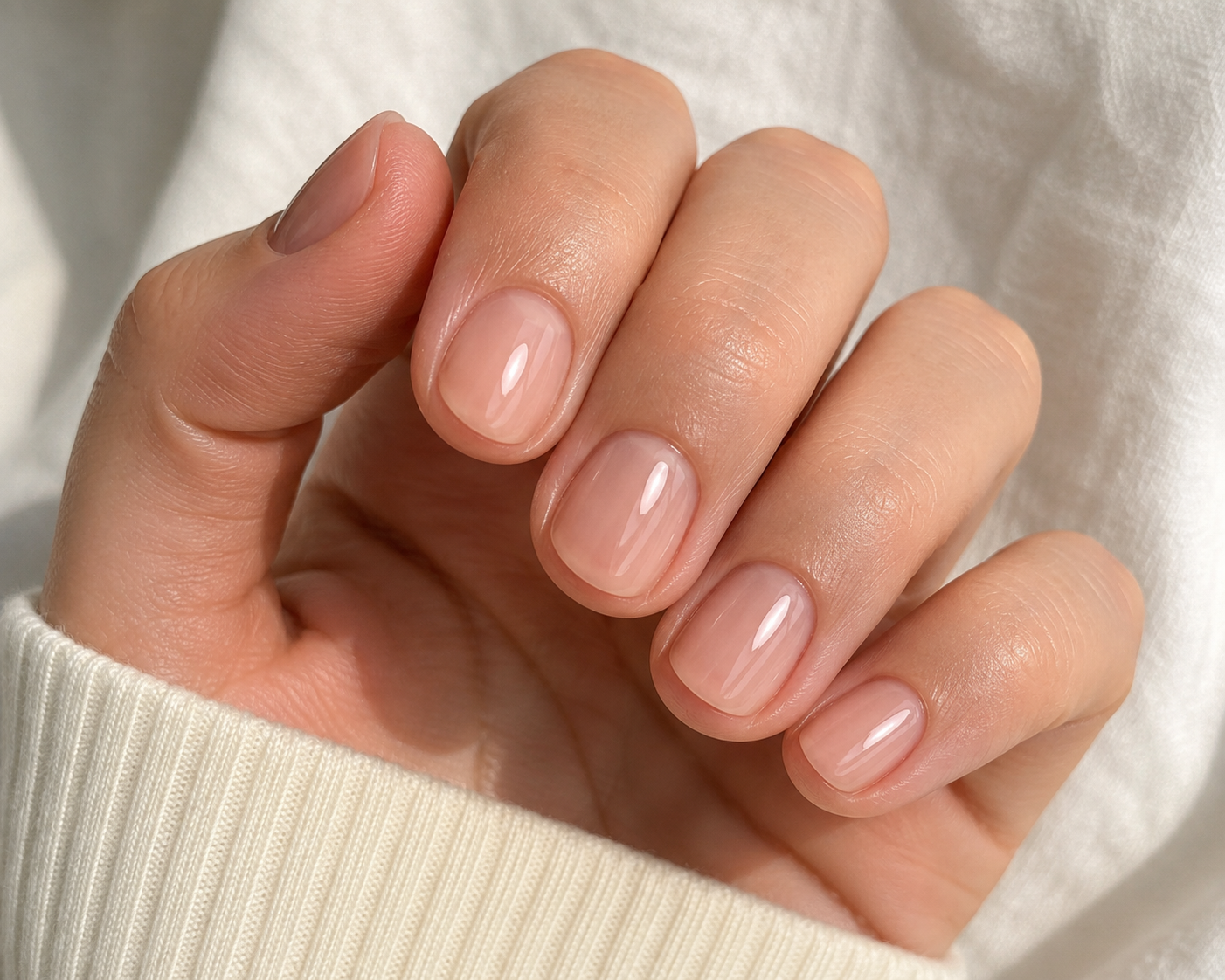 A hand with short, neatly manicured natural nails, featuring a glossy clear or nude varnish—perfect for subtle back to school nail designs. The fingers are gently curled against a white, long-sleeved fabric background.