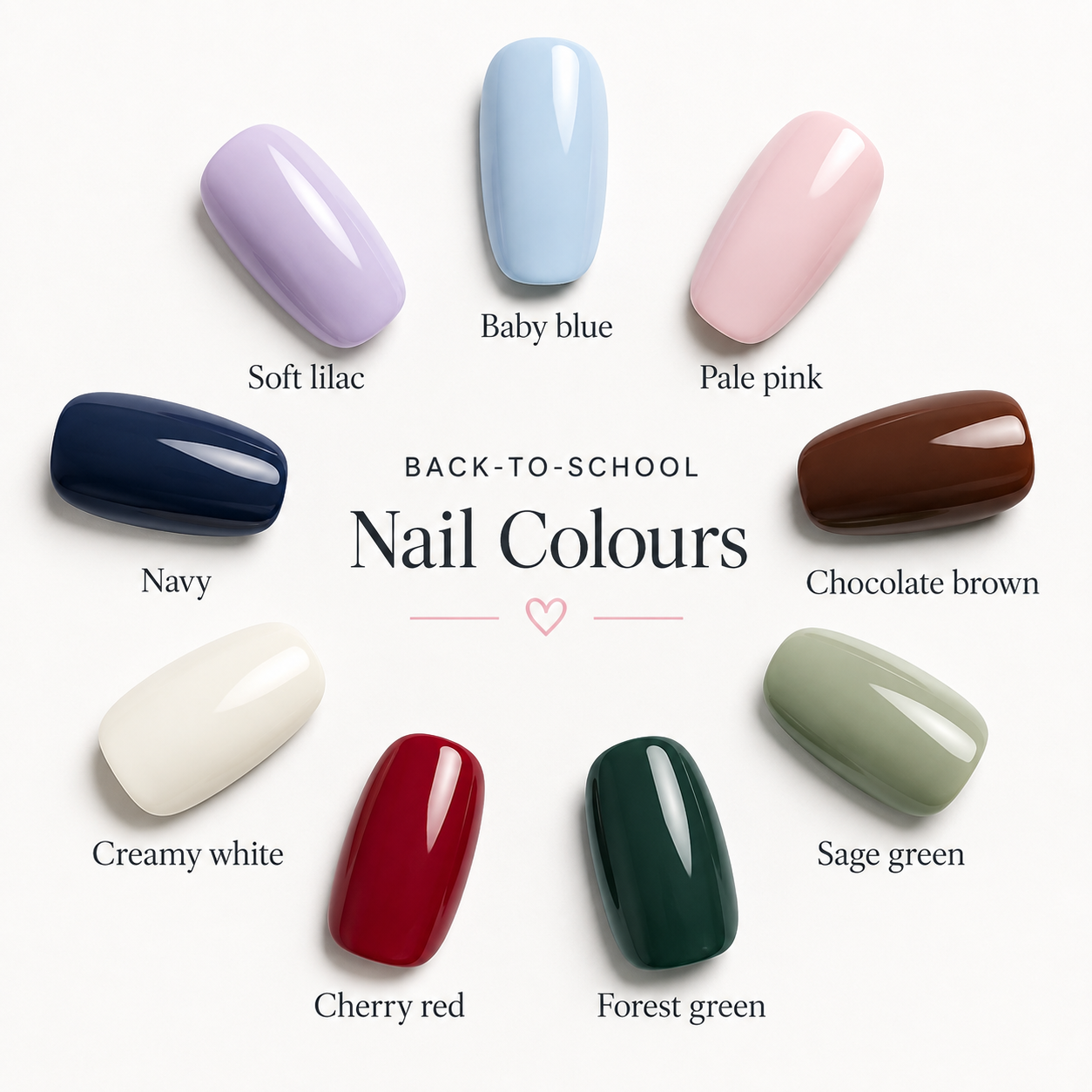 Eight artificial nails arranged in a circle, each painted a different shade: soft lilac, baby blue, pale pink, navy, chocolate brown, sage green, forest green, cherry red, and creamy white—perfect inspiration for back to school nail designs.