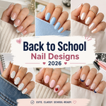 A collage of six manicured hands with various back to school nail designs, centred around text reading 