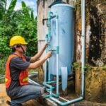 A worker in a yellow helmet and safety vest inspects blue pipes connected to a large vertical metal tank outdoors near a weathered concrete wall, showcasing the importance of regular commercial plumbing maintenance to help prevent unexpected plumbing downtime.