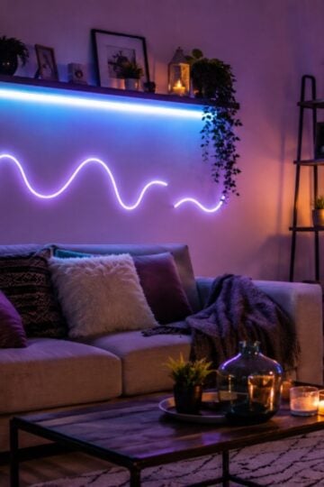 A modern living room with a grey sofa, scatter cushions, and a coffee table with candles exudes stylish comfort, while creative lighting like purple LED lights and EL Wire accents on the wall add a vibrant touch. Shelves with plants and home décor items are also visible.