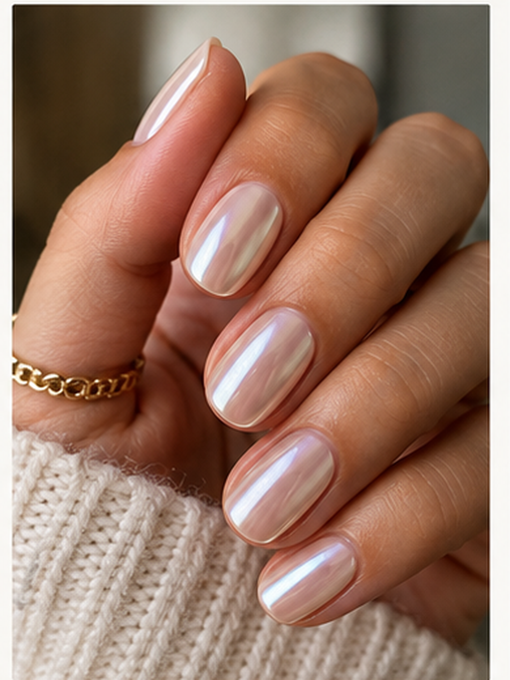 A hand with short, oval-shaped nails painted with a shiny, iridescent pearl finish—perfect for subtle yet stylish back to school nail designs. The person is wearing a cream knitted jumper and a gold chain ring.