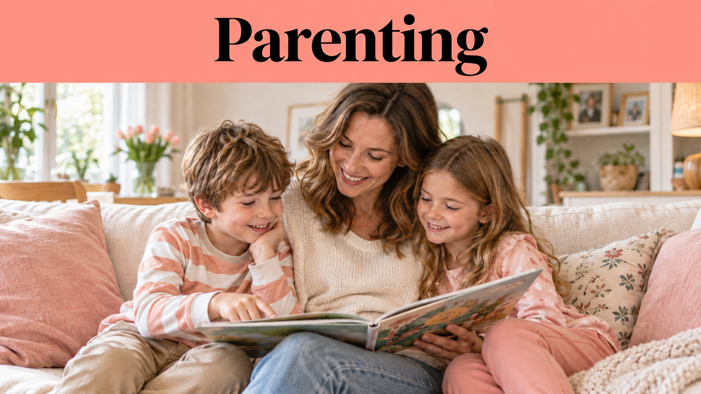 A woman sits on a sofa reading a picture book with two smiling children, embodying the warmth and connection of family. The phrase “we made this life” beautifully underscores the joy of parenting, with the word “Parenting” appearing in bold text at the top of the image.