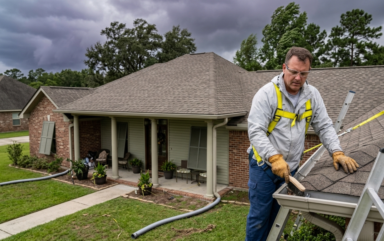 How to prepare your Lafayette home for heavy rain and high winds A man wearing safety gear stands on a ladder clearing debris from a house gutter, with a cloudy sky in the background.