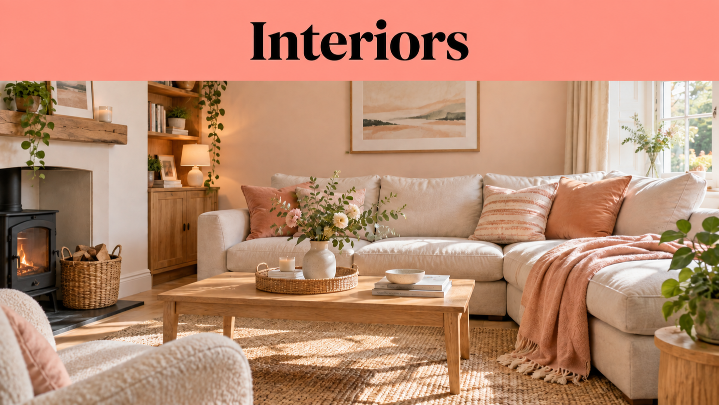 A cosy living room with a beige sofa, pink cushions and throw, wooden coffee table, fireplace, plants, and neutral decor; “Interiors” text at the top—a serene space that beautifully reflects the feeling of “we made this life.”.