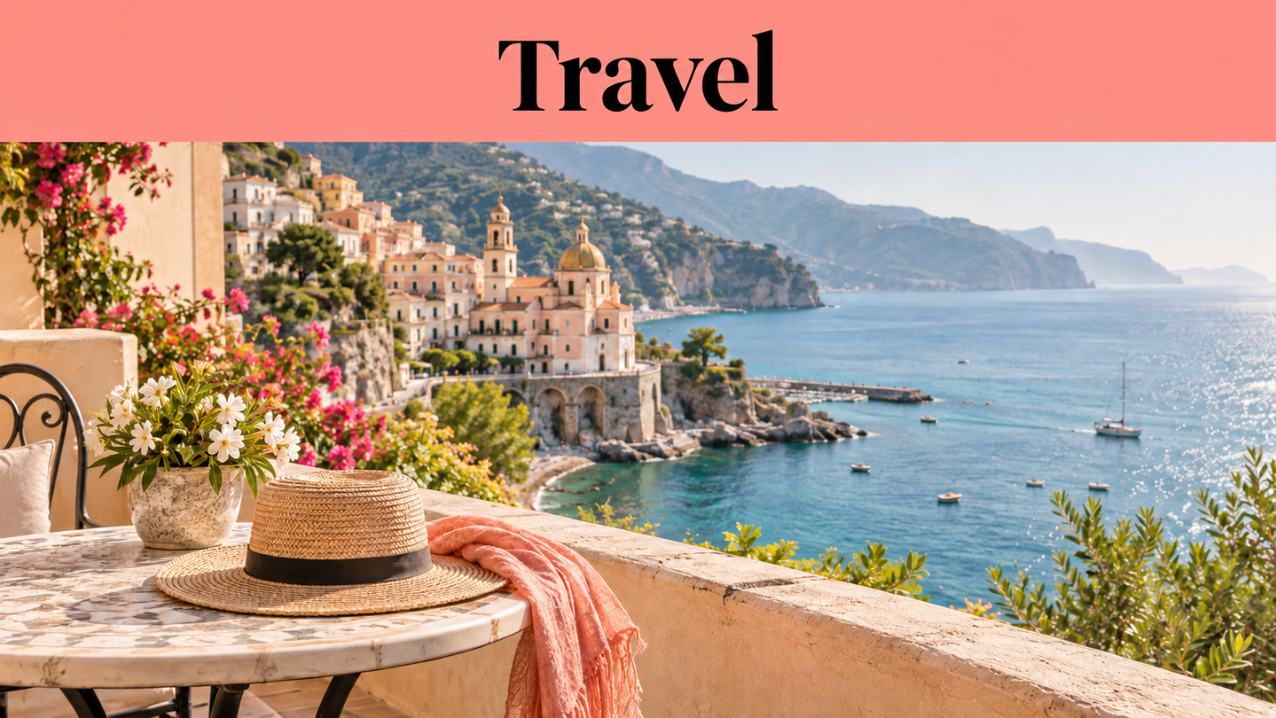 A seaside terrace with a straw hat, flowers, and scarf overlooks a coastal town with colourful buildings, boats, and mountains. The word “Travel” appears at the top, reminding us that we made this life one adventure at a time.
