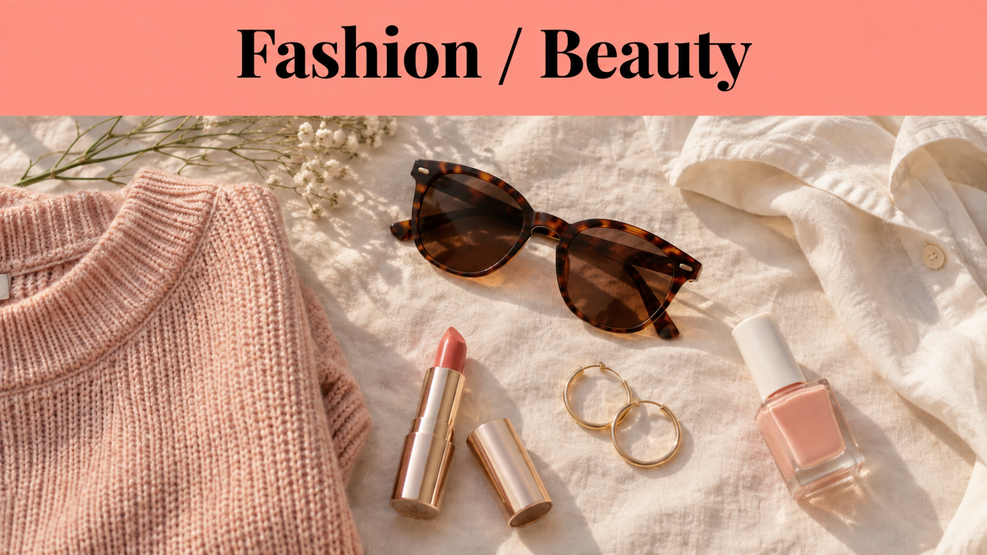 Pink jumper, tortoiseshell sunglasses, lipstick, gold hoop earrings, nail varnish, and an off-white shirt arranged on a surface under “Fashion / Beauty” text—a snapshot of the style choices that remind us we made this life our own.