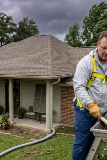 A person wearing safety equipment stands on a ladder clearing leaves from a house gutter, with a brick house and cloudy sky in the background.