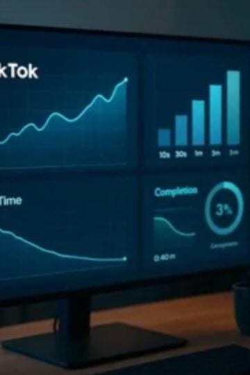 Computer monitor displays TikTok analytics, including line and bar graphs for engagement metrics, watch time, and completion percentage—essential data points for effective TikTok audience growth evaluation. A mug and keyboard are visible on the desk.
