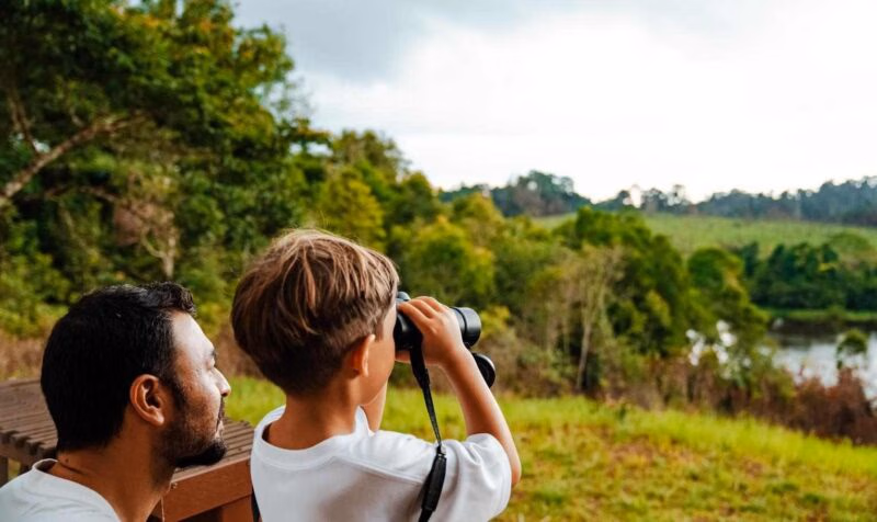 A Family Guide to Doing Safari in Style An adult and a child with binoculars observe a green, wooded landscape with a river in the distance under cloudy skies.